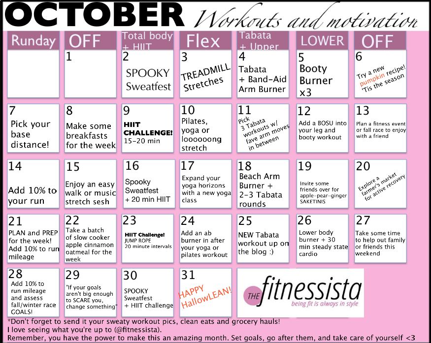 October Workout Calendar - The Fitnessista