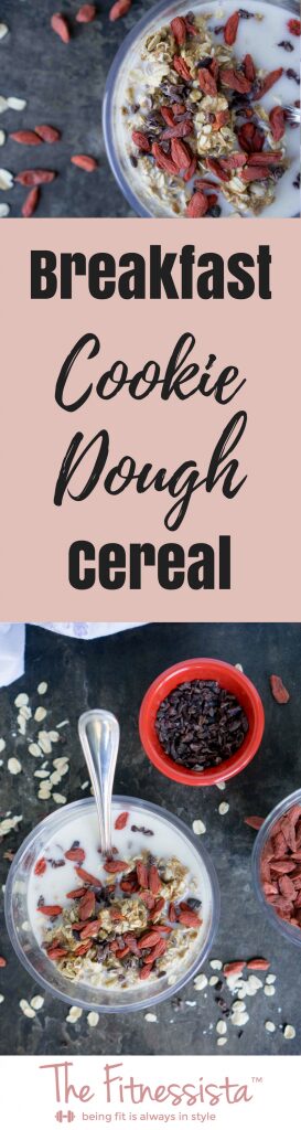 This healthy breakfast is almost too good to be true! Breakfast cookie dough cereal is packed with protein, healthy fats and nutrients to get your day started right. fitnessista.com | #cookiedoughcereal #healthycookiedough #breakfastcookiedough