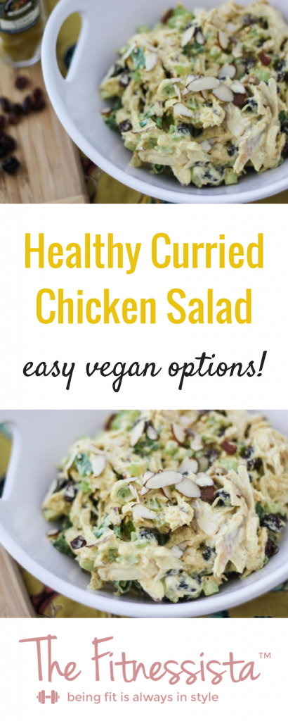 Curried chicken salad is a delicious take on a classic. This recipe is easy to make vegan and packs the perfect protein punch at lunchtime. fitnessista.com | #chickensalad #curriedchickensalad #healthychickensalad #currychickensalad