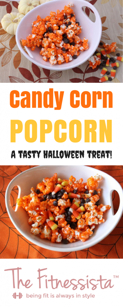 This candy corn popcorn recipe is the perfect fall treat. Salty popcorn coated with melted candy corn is the Halloween snack you need! fitnessista.com | #candycorn #halloweenrecipe