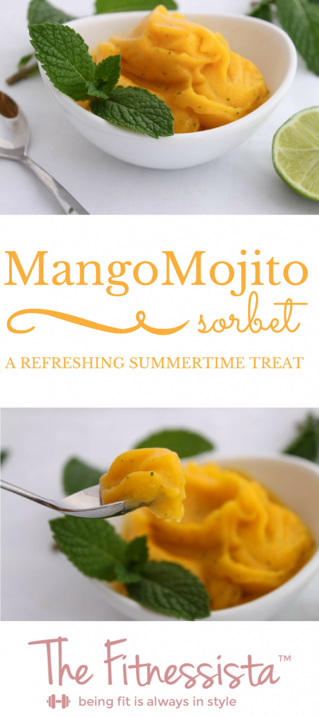 The mint in this mango sorbet gives a nod to my favorite drink--mojitos! This mango mojito sorbet recipe is easy to make and a refreshing treat for summer! fitnessista.com