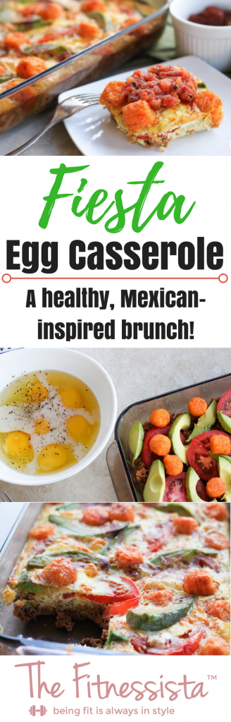 This Mexican-inspired Fiesta Egg Casserole combines turkey chorizo, avocado, tomatoes and sweet potato tater tots into a baked egg dish deliciousness! fitnessista.com | #eggcasserole #brunchrecipe #healthybrunchrecipe 