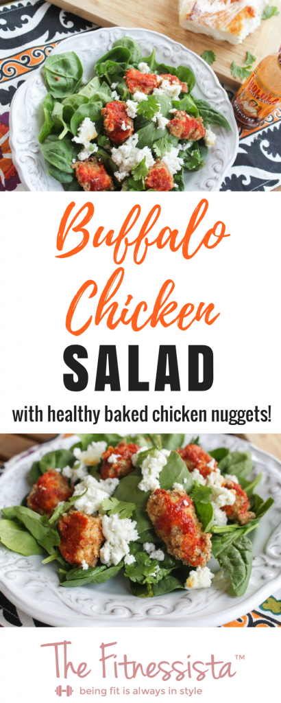 Baked chicken nuggets are the star of the show in this healthy buffalo chicken salad. All the goodness of familiar chicken nuggets, minus all the junk. | fitnessista.com | #buffalochickensalad #healthybuffalochicken #saladrecipe #healthydinnerrecipe #healthylunchrecipe #bakedchickennuggetrecipe