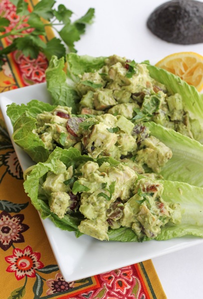 Avocado chicken salad served on lettuce for a low-carb lunch