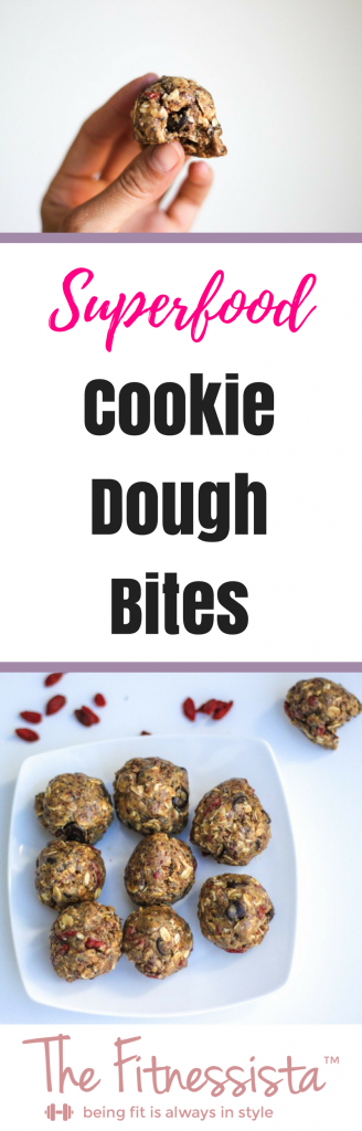 This superfood cookie dough will not only satisfy your sweet tooth, but it also makes a fantastic pre-workout treat with an awesome combination of smart carbs, healthy fats and protein. | fitnessista.com | #superfoodsnack #superfoodcookiedough #ediblecookiedough #snackbites