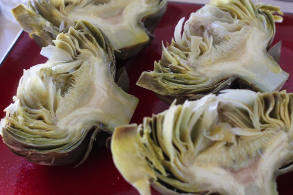 boiled and halved artichokes