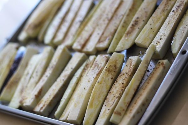 Roasting eggplant fries