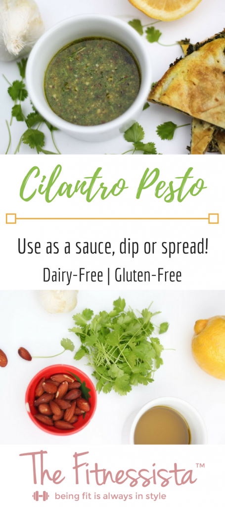 This easy, healthy cilantro pesto is a great way to change up the usual basil pesto and is a delicious accompaniment to many meals. fitnessista.com