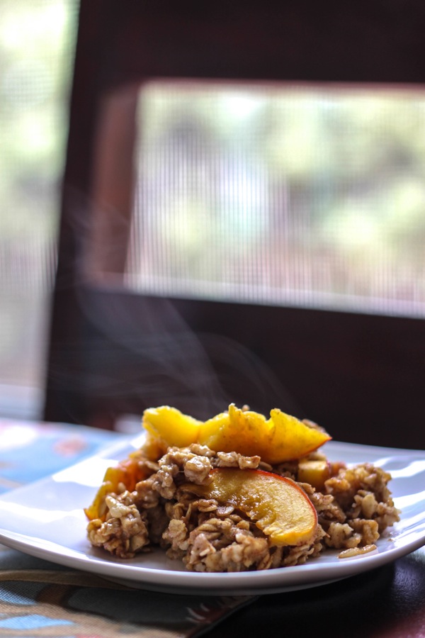 vegan peach baked oatmeal hot from the oven