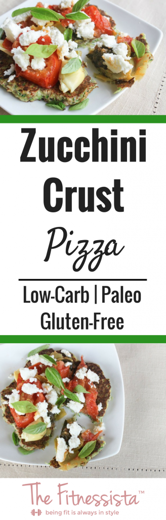 Zucchini crust pizza is a low-carb, Paleo-friendly way to satisfy your pizza craving. Great for a healthy lunch or dinner. fitnessista.com #zucchinipizza #zucchinipizzacrust #lowcarbpizza #paleopizza #glutenfreepizza