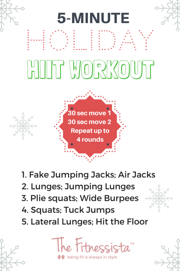 This 5-minute workout is built on research-based HIIT methods to burn the max amount of calories in a short amount of time. Perfect for the busy holidays! fitnessista.com #holidayhiit #hiitworkout #holidayworkout #fiveminuteworkout #quickworkout