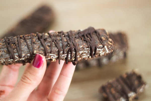 Chocolate protein bar close up