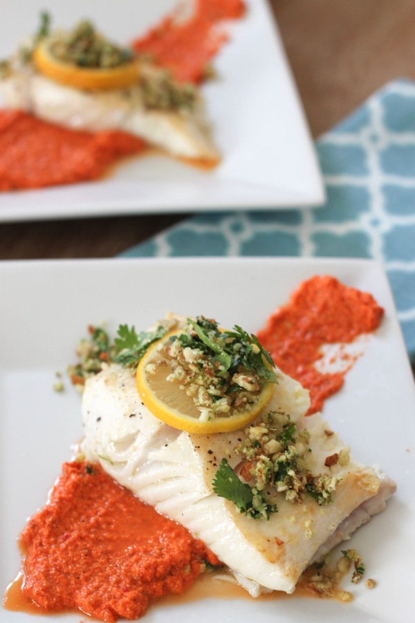 Halibut with romesco and almond crumble