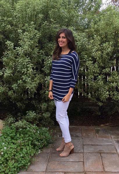 Striped top and white maternity jeans Stitch Fix maternity win