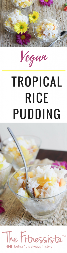 Vegan Tropical Rice Pudding is like a vacation in a bowl! This vegan rice pudding recipe uses fragrant jasmine rice, chopped tropical fruits and almond milk for a creamy texture. Get the full recipe at fitnessista.com