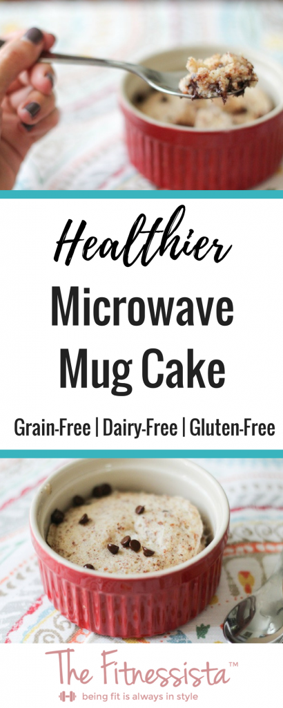 Here's a healthier mug cake for when that sweet tooth kicks in. This grain-free, dairy-free mug cake for one is perfectly soft, chocolatey and delicious! | fitnessista.com | #microwavemugcake #healthiermugcake #grainfreemugcake #dairyfreemugcake #glutenfreemugcake #glutenfreerecipes #glutenfreedessert