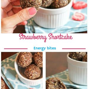 Strawberry shortcake energy bites. A quick and delicious snack recipe, and it tastes like cake. www.fitnessista.com