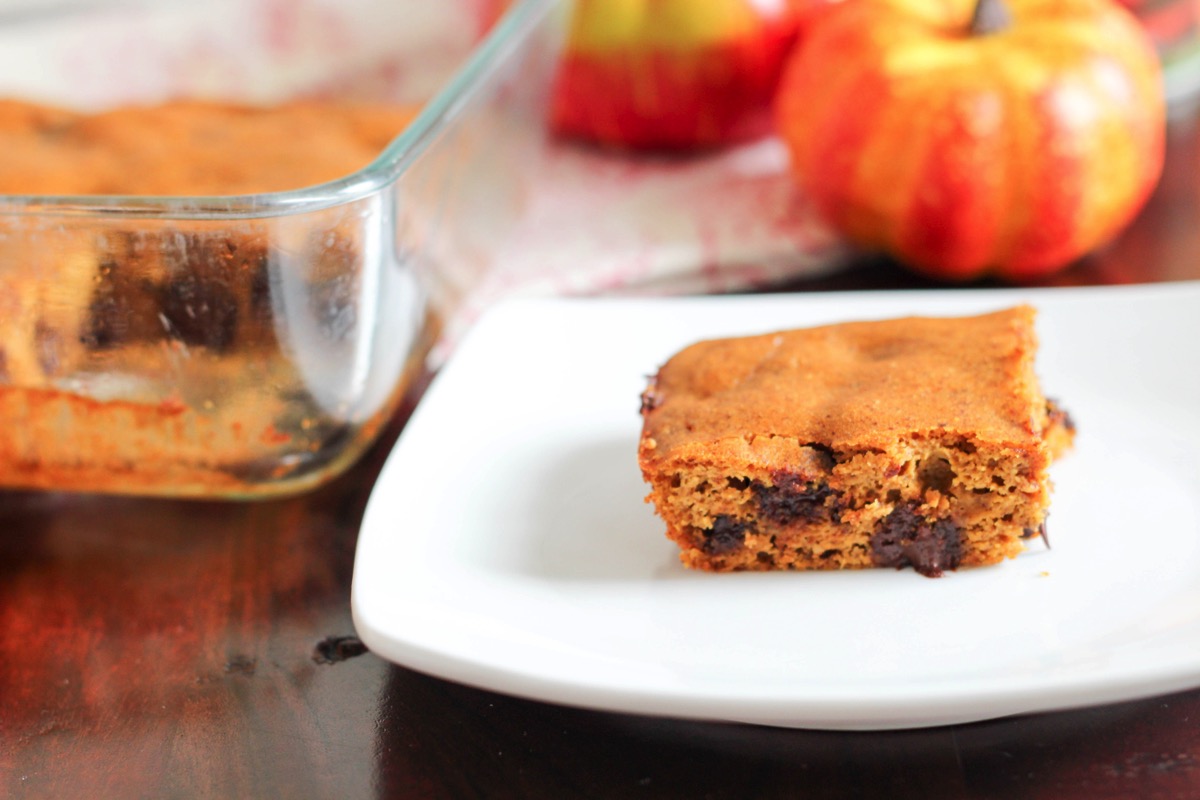 flourless pumpkin chocolate chip bars made with almond butter for a fall dessert packed with protein and nutrients