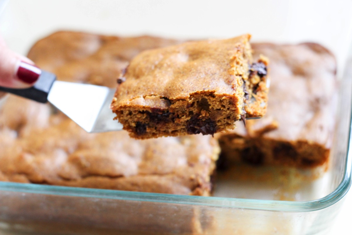 Close-up of pumpkin chocolate chip bars for your fall dessert