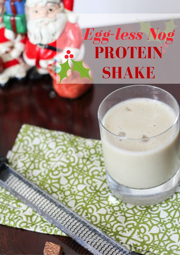 This eggless eggnog protein shake is dairy-free and naturally sweetened with dates. It's a lightened up way to enjoy a favorite holiday flavor with a boost of protein! fitnessista.com #egglesseggnog #proteinshake #veganrecipe