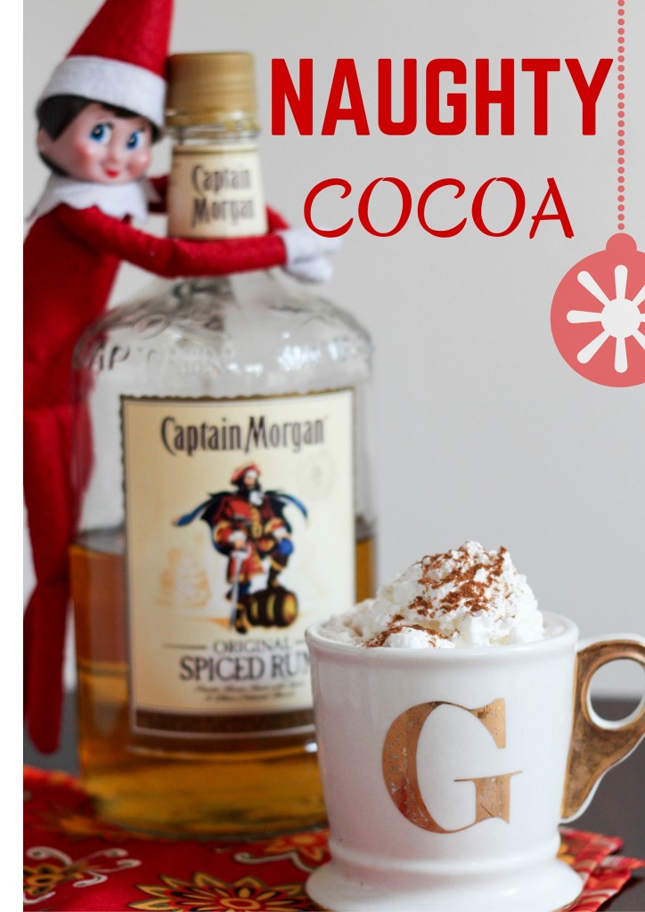 NAUGHTY COCOA with with Elf on the shelf hugging rum bottle