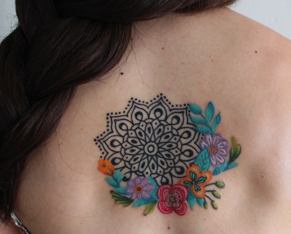 My first tattoo mandala with watercolor flowers