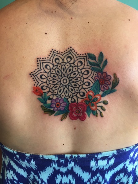 Fresh tattoo Mandala with watercolor flowers 