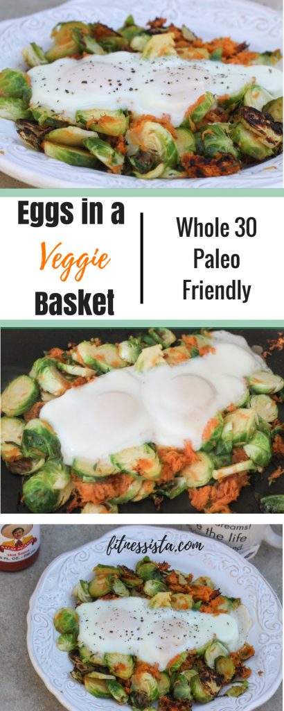 Eggs in a basket of brussels sprouts and sweet potato