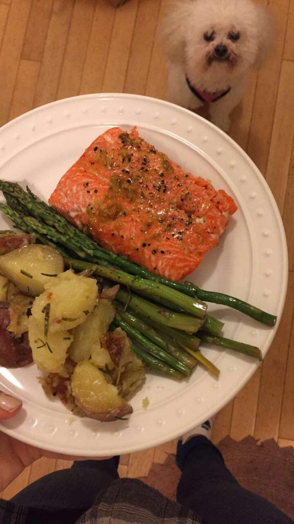 salmon, asparagus, potatoes