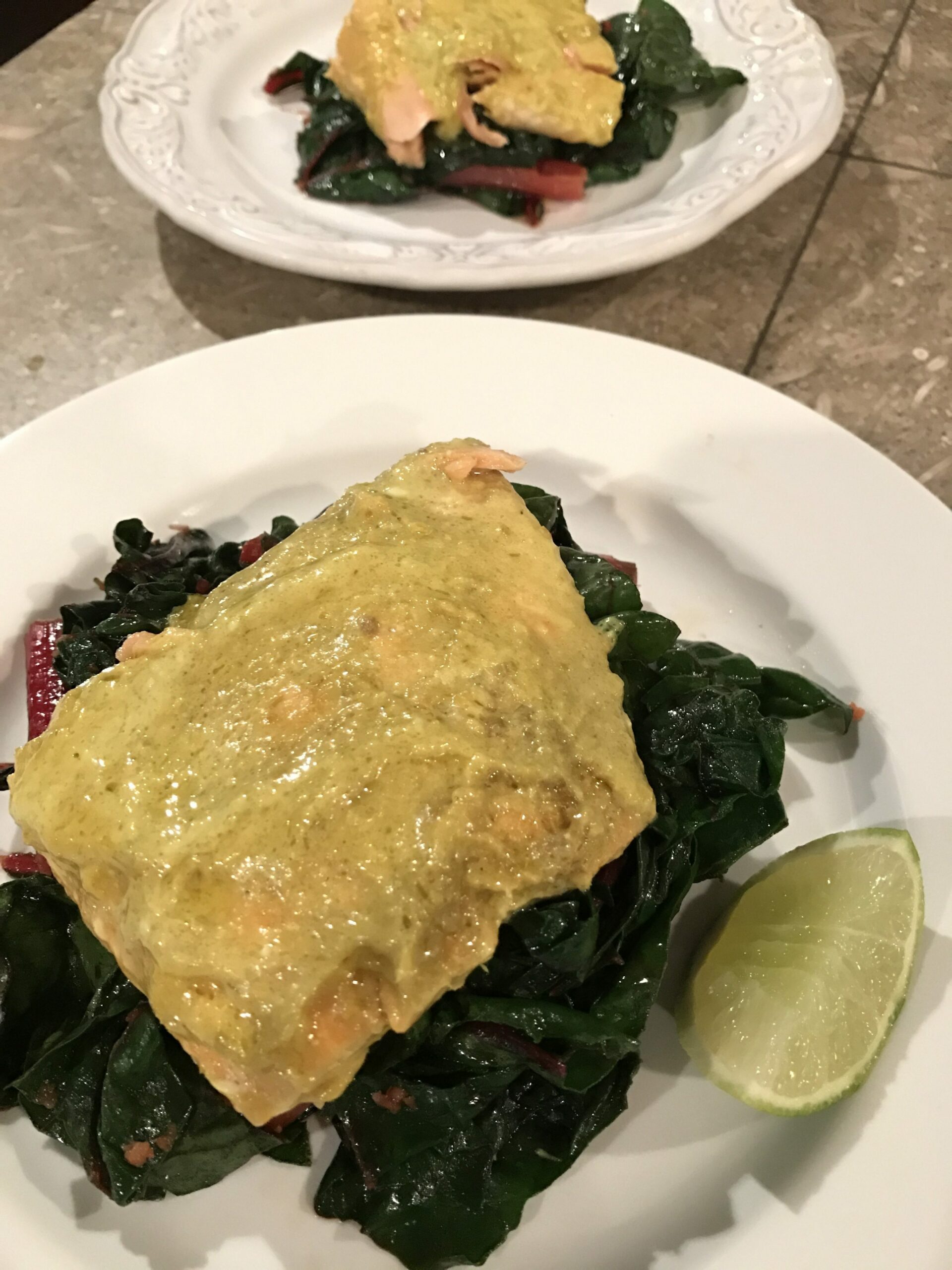 Sunbasket Southeast Asian coconut-poached salmon with red chard