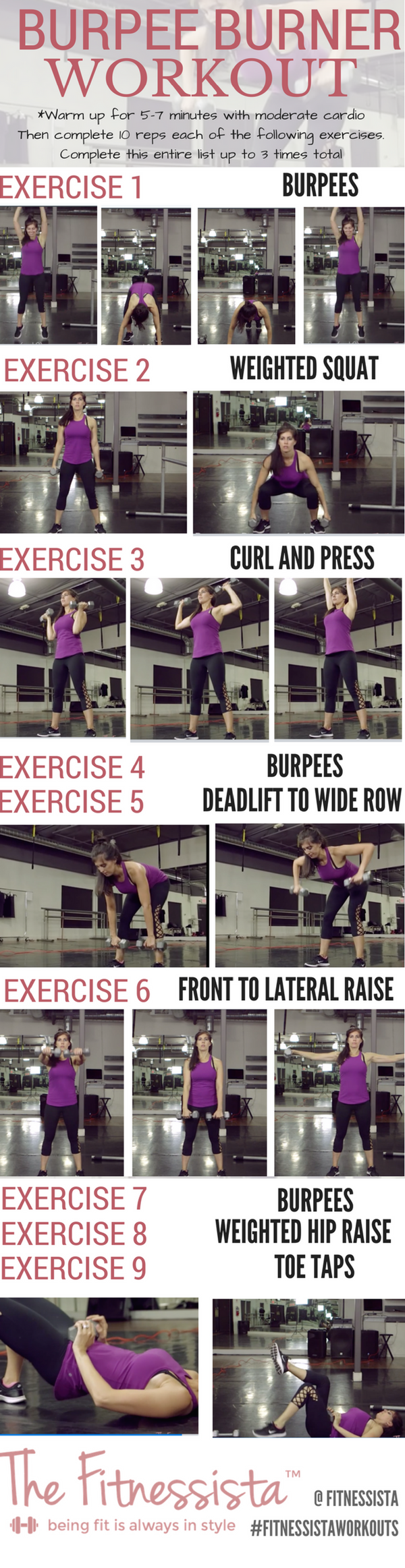 A total body burpee workout! Burpee blasts will fire up your heat rate and burn major calories. Save for the next time you want a killer strength and cardio workout! fitnessista.com