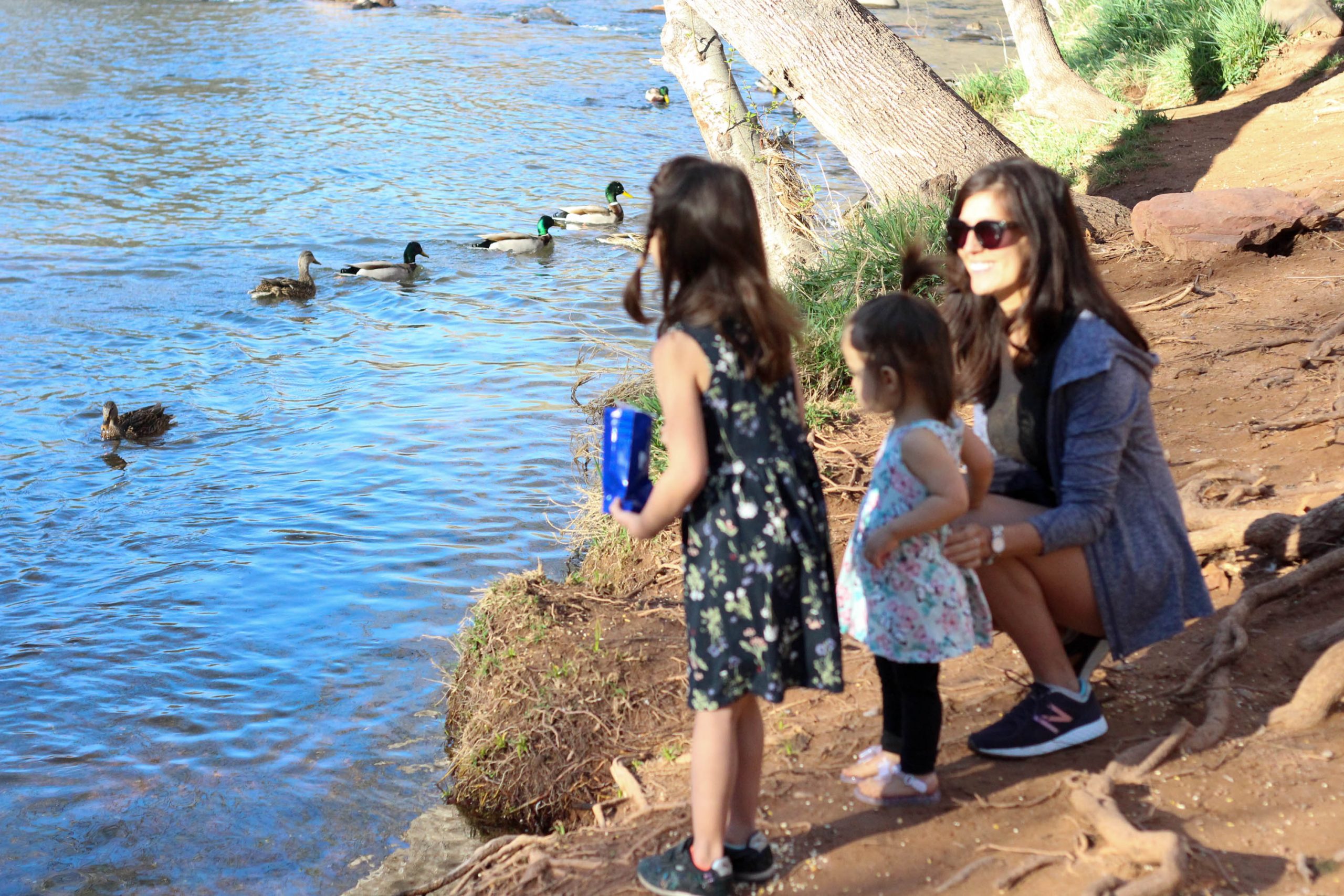 Feeding ducks with the girls at L’Auberge de Sedona