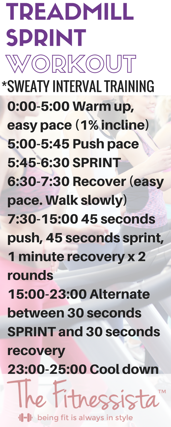 TREADMILL SPRINT WORKOUT! Only 25 minutes, and a killer interval combo. Pin for the next time you need cardio inspiration! fitnessista.com