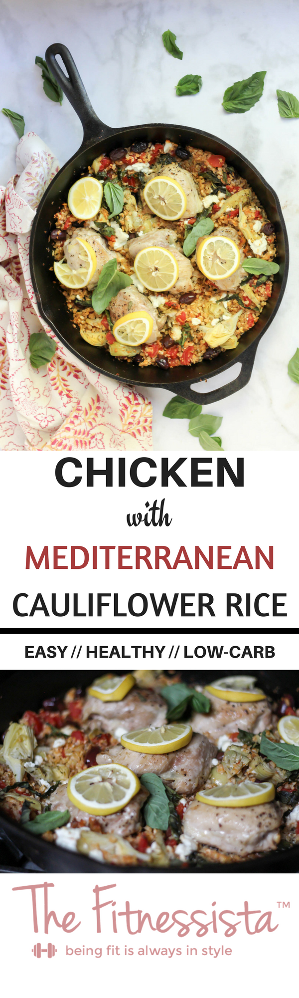 An easy, healthy dinner recipe! This only uses one pot and makes cauliflower rice taste delicious. Check out the recipe for this chicken with Mediterranean cauliflower rice here. fitnessista.com