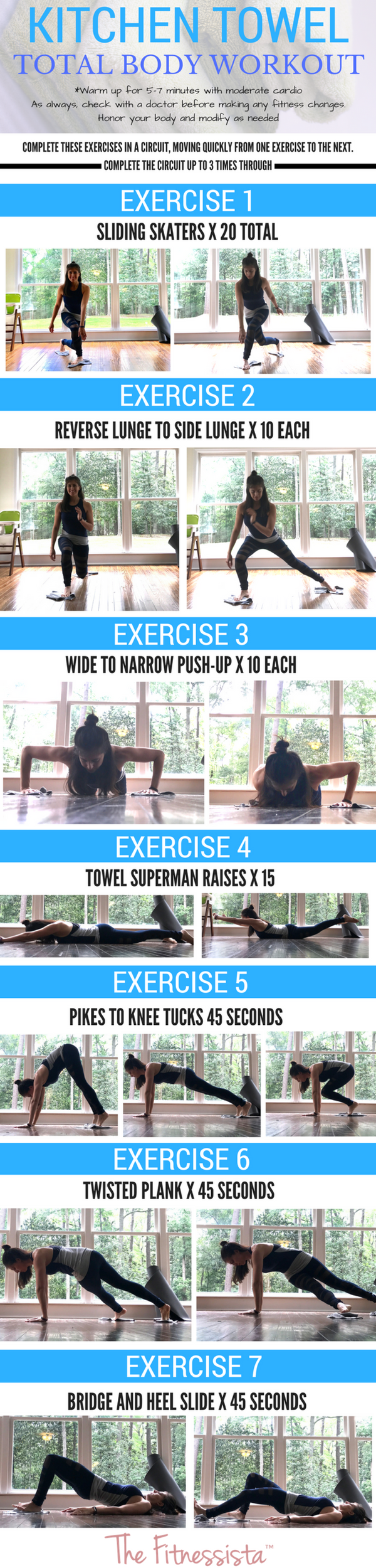 Kitchen towel workout! A perfect rainy day workout, or quiet indoor workout to work your entire body. fitnessista.com