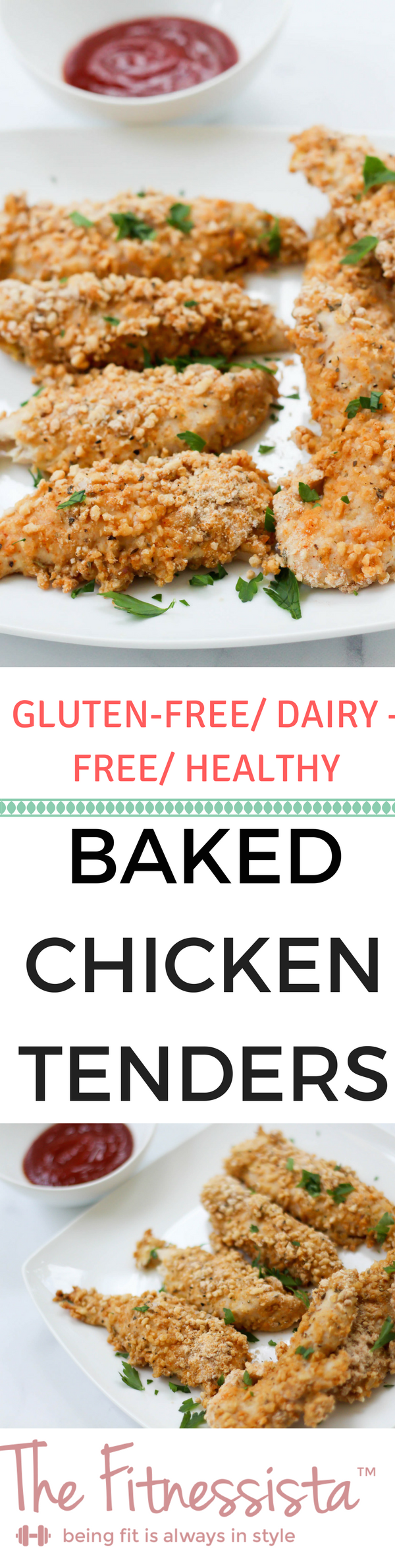 Gluten free dairy free healthy baked chicken tenders. A quick and easy dinner or lunch recipe! fitnessista.com