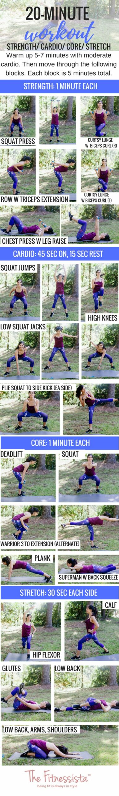 20 minute workout you can do anywhere! Get cardio, strength, core and stretching in 20 minutes with a pair of dumbbells. fitnessista.com #20minuteworkout #quickworkout