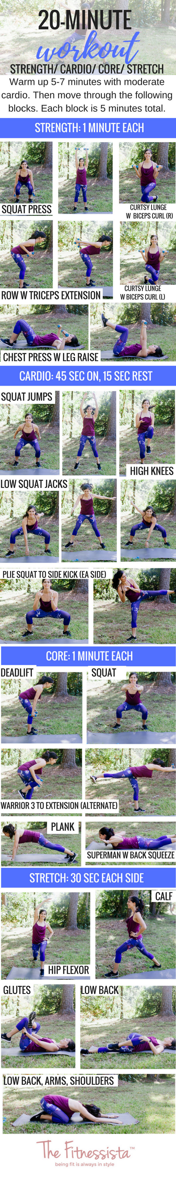 20 minute workout you can do anywhere! Get cardio, strength, core and stretching in 20 minutes with a pair of dumbbells. fitnessista.com