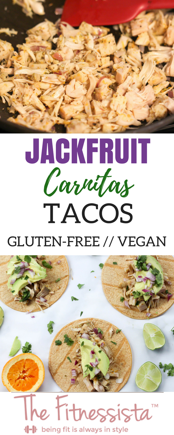 Shredded jackfruit carnitas tacos! These are an easy, healthy weeknight dinner recipe. fitnessista.com