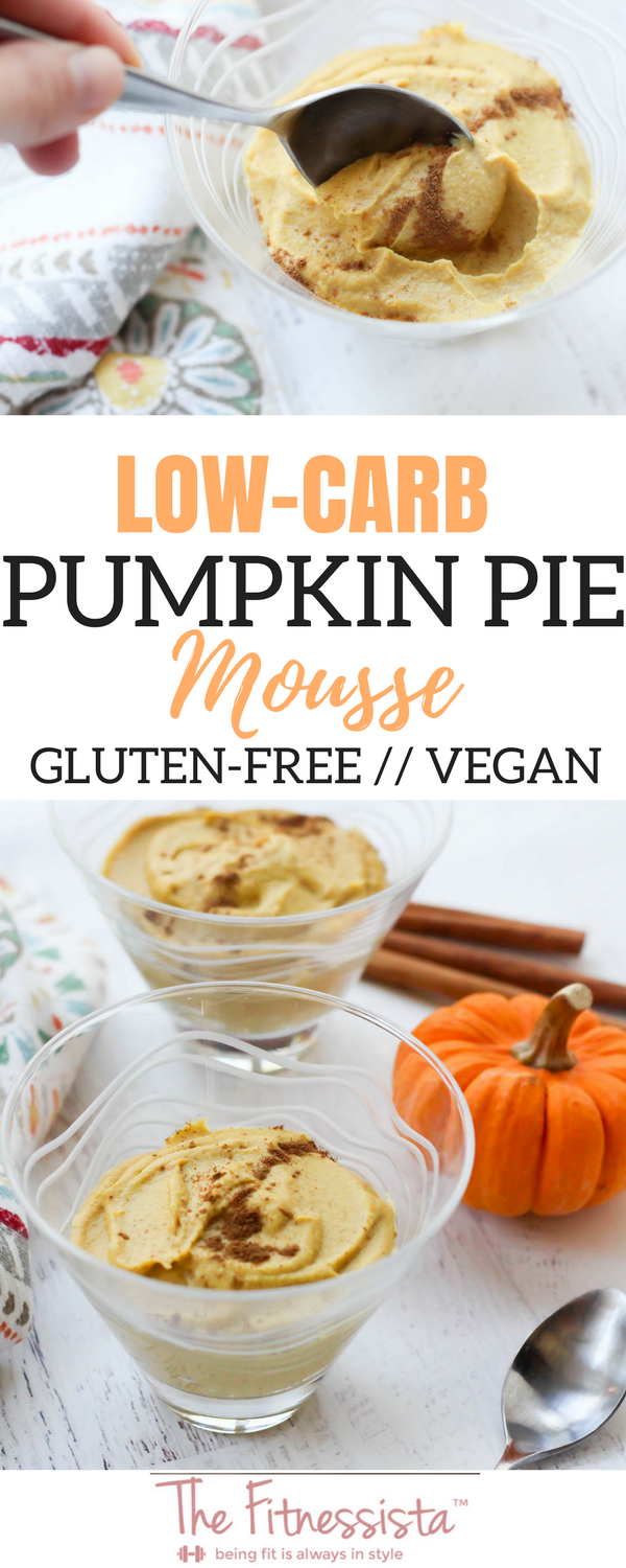 Vegan pumpkin pie mousse! This low-carb dessert is a delicious and festive holiday clean treat. | #vegandessert #veganpumpkinpie | fitnessista.com