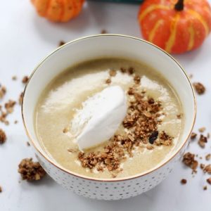 High-protein pumpkin pie smoothie bowl! This has hidden cauliflower in it -it sounds weird but I promise it's good- for bonus nutrients. It's super filling, tastes like pumpkin pie, and is an awesome breakfast option. fitnessista.com