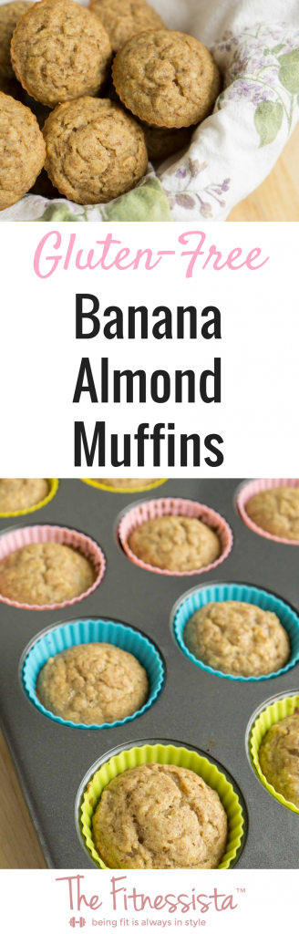 Gluten-free banana almond muffins are packed with healthy fat and protein, and contain no refined sugar. They're a delicious, healthier muffin option, and perfect for breakfast or snack. fitnessista.com | #glutenfreerecipes #glutenfreemuffins #glutenfreerecipe #muffinrecipe #healthiermuffinrecipe