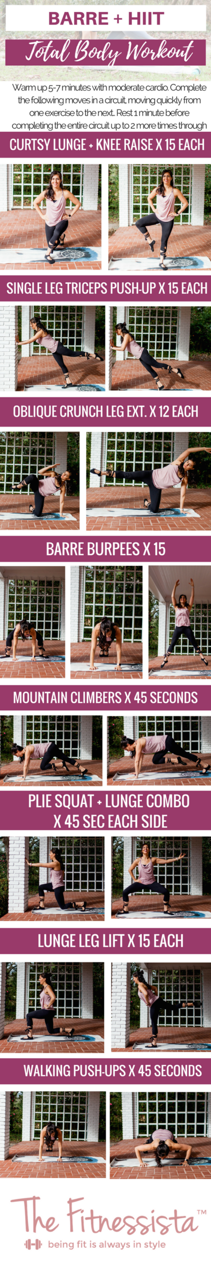 Total body barre circuit workout you can do anywhere. Check out the details: fitnessista.com | #barre #barreworkout #totalbodybarre #totalbodyworkout #hiitworkout #barrehiitworkout