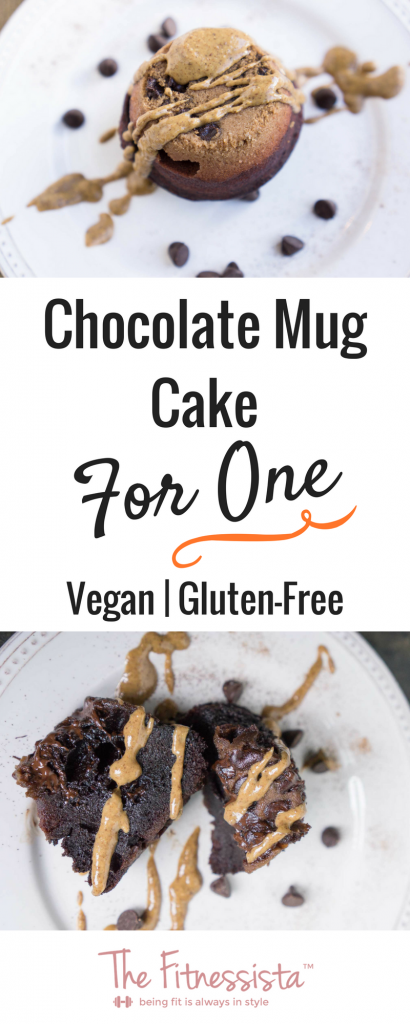 Vegan, gluten-free chocolate mug cake is not only fudgey and delicious, but it also packs a protein punch. Best of all, it microwaves in 2-minutes for a quick, healthier treat. | fitnessista.com | #glutenfreedessert #glutenfreerecipe #veganmugcake #microwavemugcake #glutenfreemugcake #chocolatemugcake
