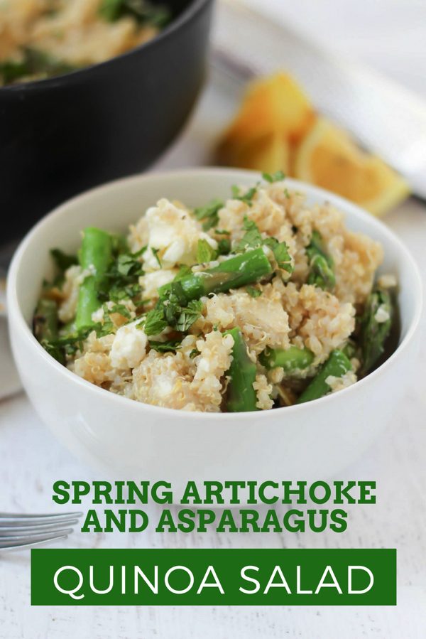 This spring quinoa salad is filling and filling, with bright flavors thanks to the lemon zest. You'll also get a dose of greens from the artichokes and asparagus. Make it vegan omitting the feta cheese | fitnessista.com | #quinoasalad #asparagusrecipe #artichokerecipe #springsaladrecipe #saladrecipe.