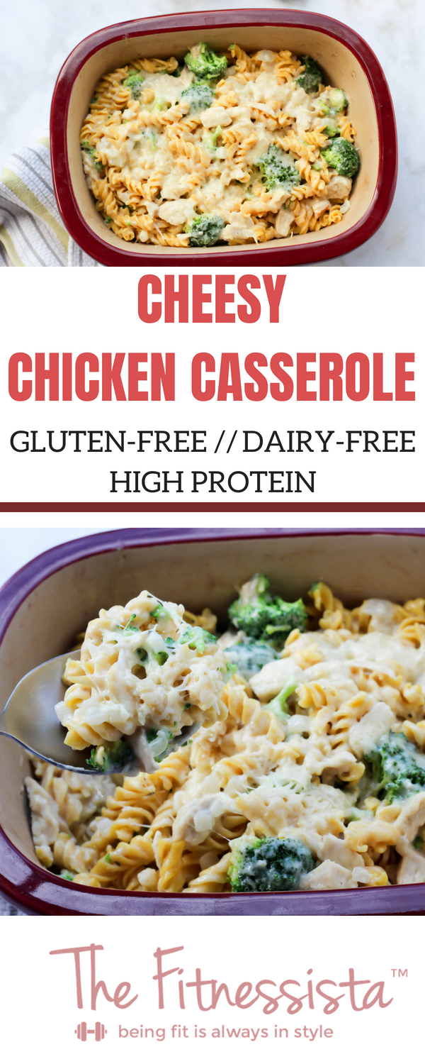 This cheesy broccoli chicken casserole is gluten-free, dairy-free, and high in protein! It’s a perfect family and kid-friendly dinner for a busy weeknight. You can make it in advance, heat, and eat. fitnessista.com