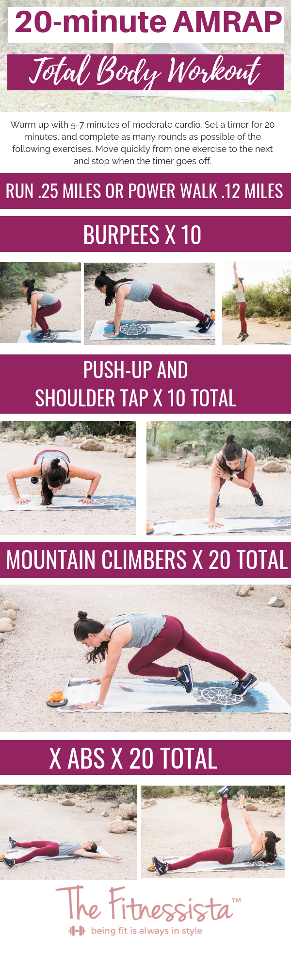 20 minute AMRAP workout you can do anywhere with your own bodyweight. All the details and form cues: fitnessista.com