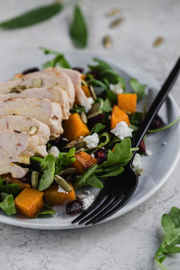 This fall salad has butternut squash, spicy arugula, a tangy vinaigrette, chicken, pumpkin seeds, goat cheese. It’s perfect for any holiday gatherings or parties and makes a veggie-packed side dish. My vegetarian friends can easily omit the chicken and it’s just as delicious without it. fitnessista.com