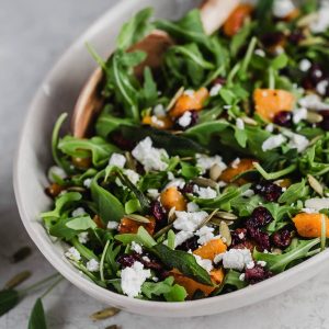 This fall salad has butternut squash, spicy arugula, a tangy vinaigrette, chicken, pumpkin seeds, goat cheese. It’s perfect for any holiday gatherings or parties and makes a veggie-packed side dish. My vegetarian friends can easily omit the chicken and it’s just as delicious without it. fitnessista.com