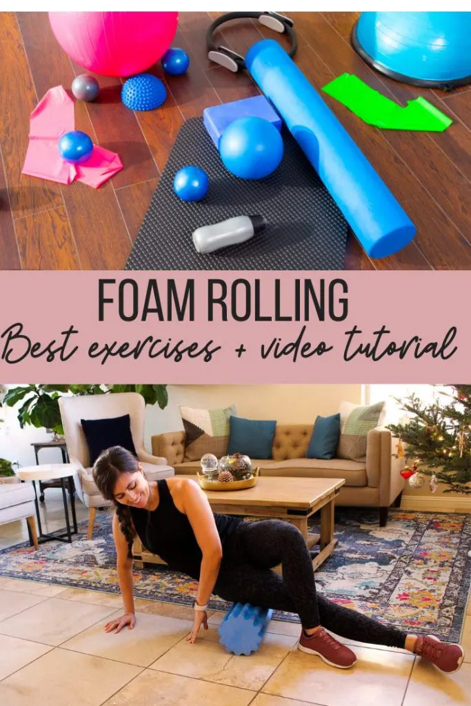 girl going IT band stretch on foam roller